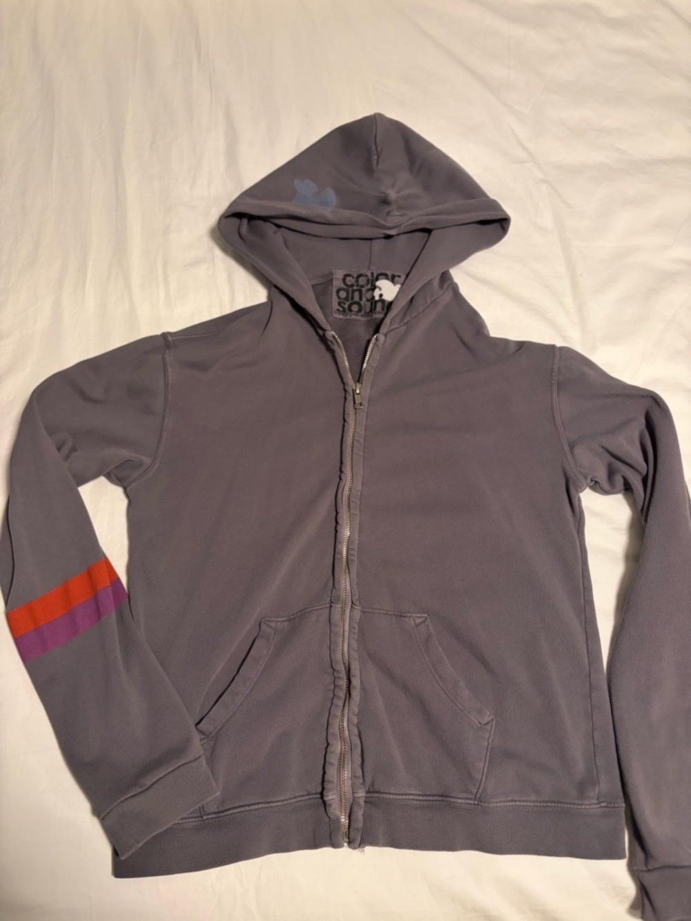 Gray Zip-Up Hoodie with Color Stripe Sleeve